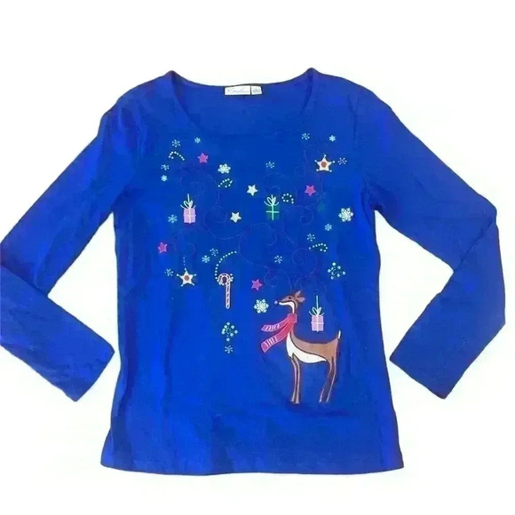 Christmas Winter Holiday Long Sleeve Tee embroidered sequins beading size Small - Picture 1 of 9
